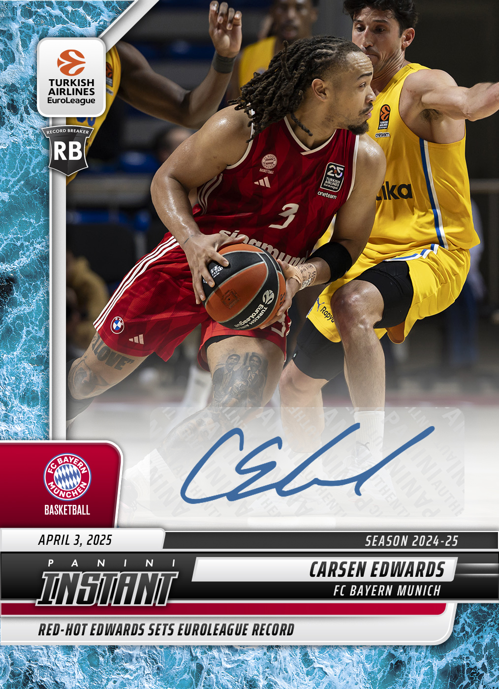 Carsen Edwards - 2024-25 Panini Instant Turkish Airlines EuroLeague #14 - Water /10 Auto