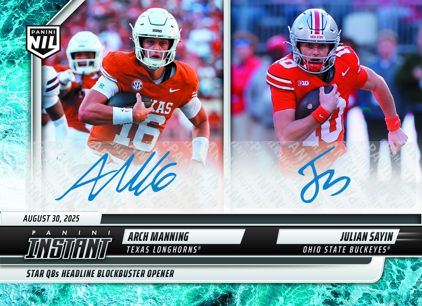Arch Manning/Julian Sayin - 2025 Panini Instant NIL College Football #1 - Water /10 Auto