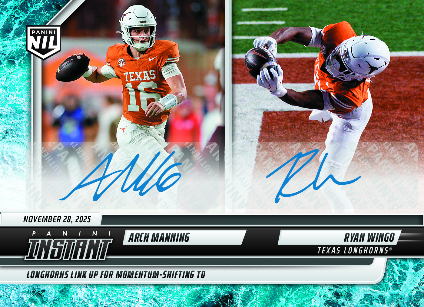 Arch Manning/Ryan Wingo - 2025 Panini Instant NIL College Football #AMRWA - Water /10 Auto